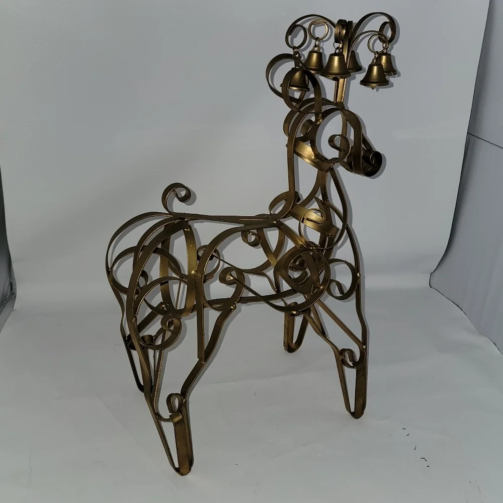 Large Metal Reindeer Gold Colored Christmas Bells on Antlers Estate